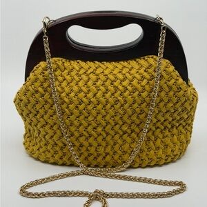 Woven Mustard Shoulder Bag with Wooden Top Handle HANDMADE
